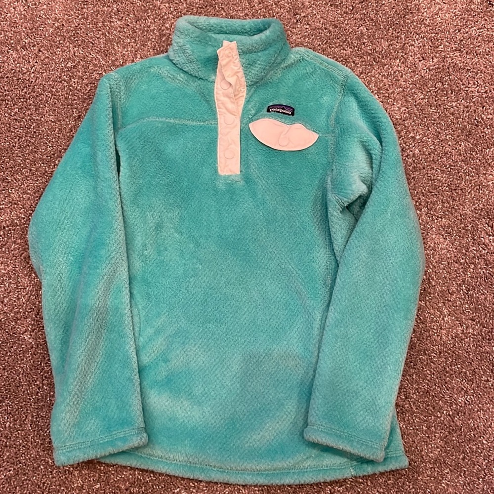 Patagonia Kids Teal Fleece Pullover with Cream Snap Placket